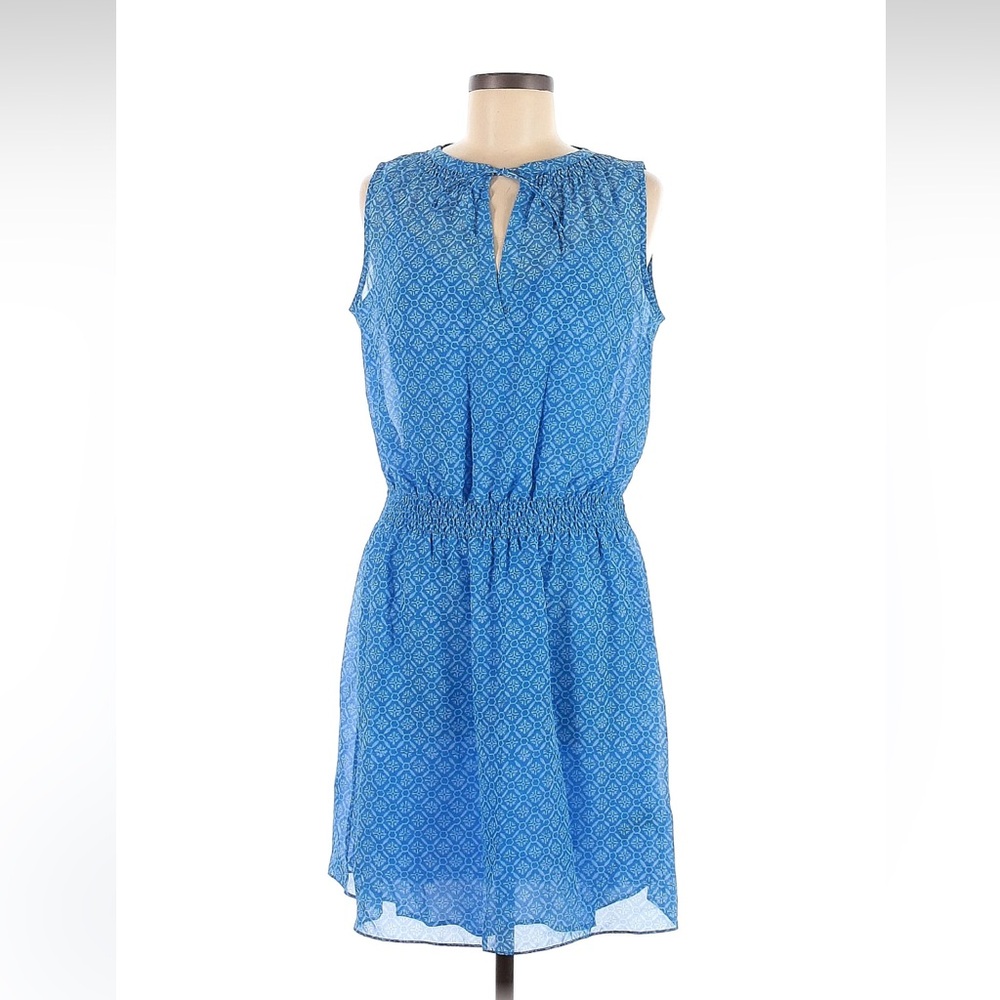 Lauren Ralph Lauren Blue Print Sheer Overlay Keyhole Neck Sleeveless Dress Sz 6